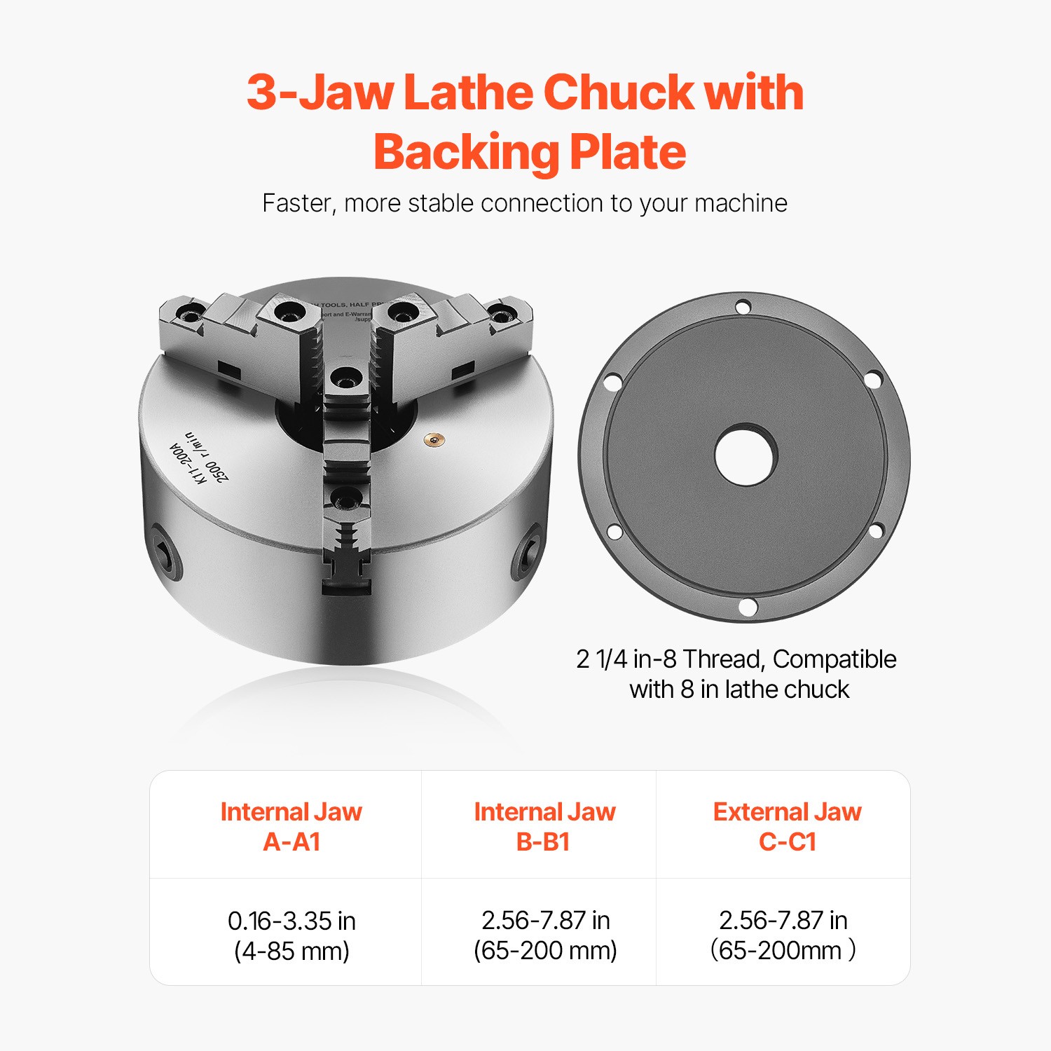8 Inch 3-Jaw Self-Centering Lathe Chuck with 2 1/4 in-8 Threaded Backing