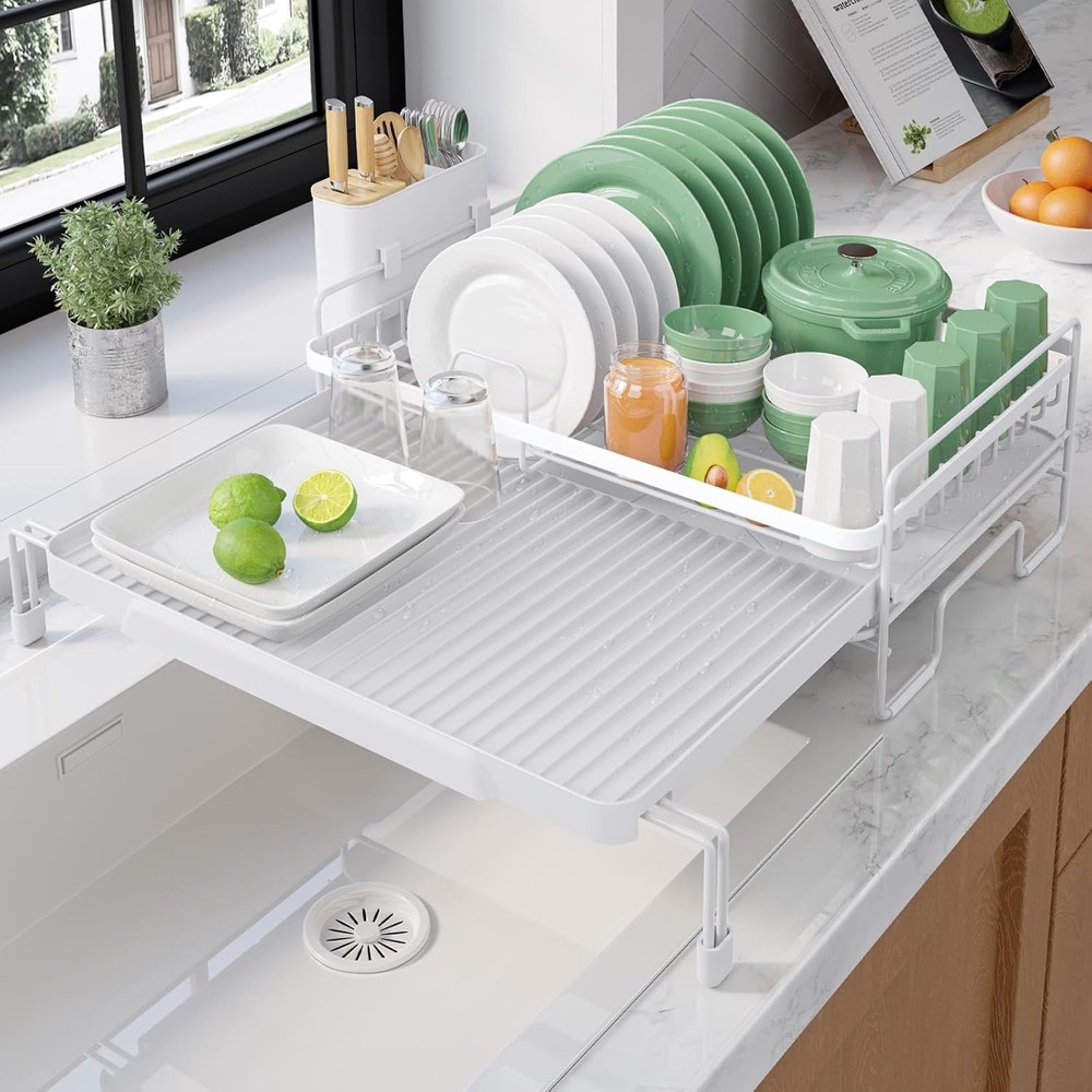 Extendable Dish Drying Rack Adjustable Length 12.8"–21.0" Auto-Draining Dish