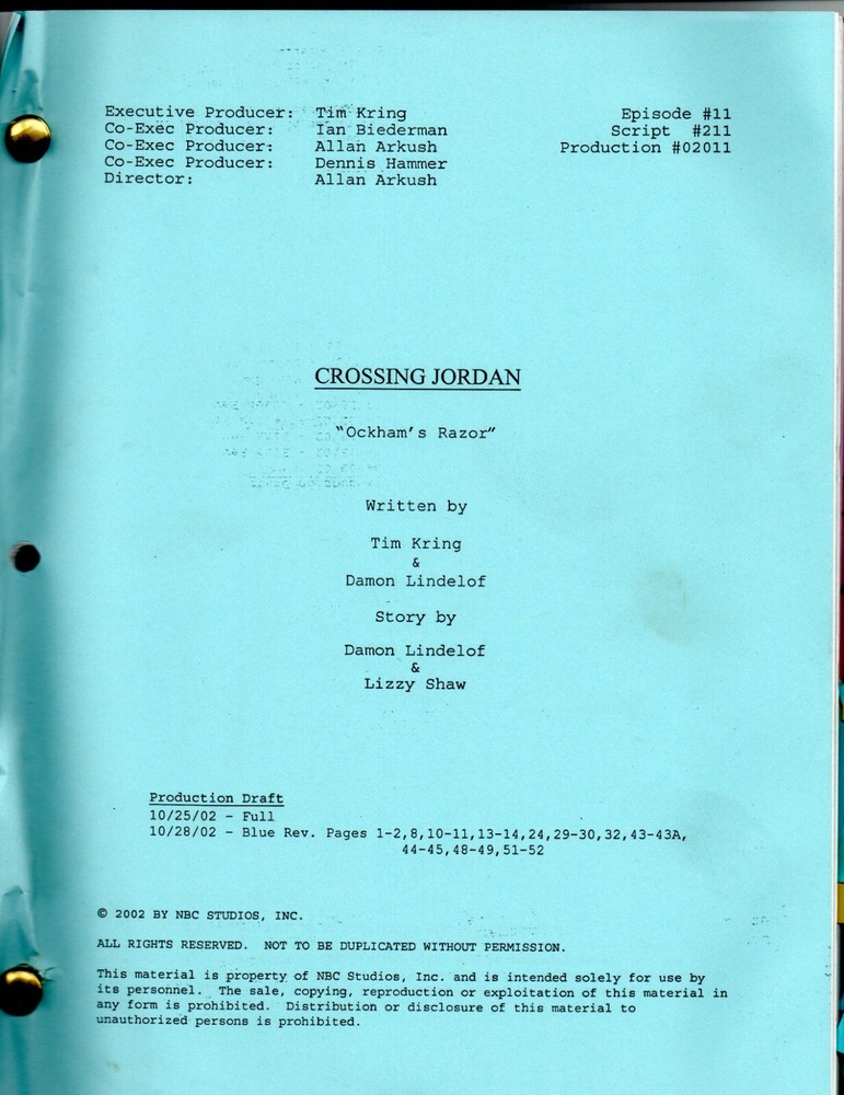 CROSSING JORDAN script ALLAN ARKUSH original directors personal script COA S2E10