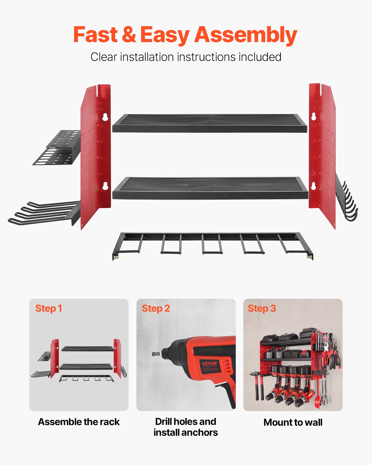 VEVOR Power Tool Organizer Wall Mount 3-Layer Drill Storage Rack 4 Drill Holders