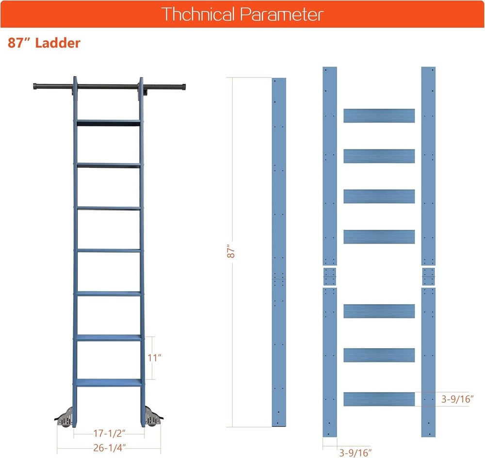 Sliding Library Ladder with Telescopic Top Hook & Bottom Rollers, Blue Ladder