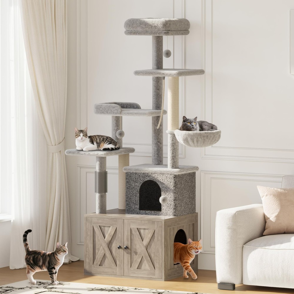 Hidden Litter Box Cat Tree, Multi-Level Tower, Scratching Post, Dangling Balls
