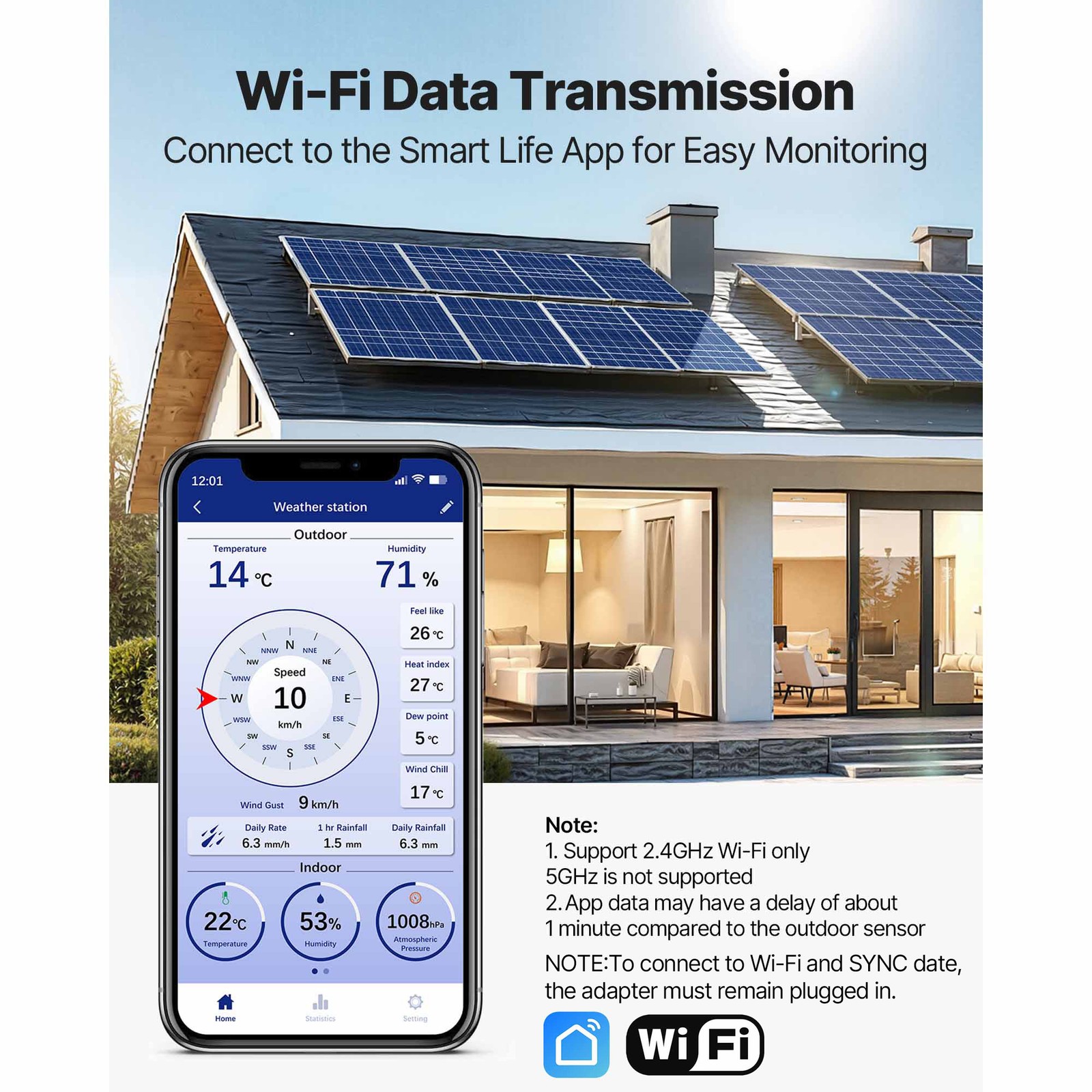 Uimoso 5-in-1 WIFI Wireless Weather Station with 7.5" VA Screen Outdoor Sensor