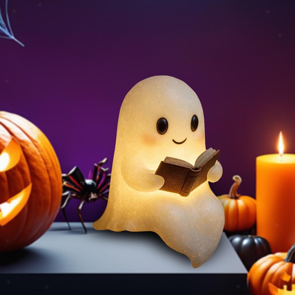 Cute Ghost Reading Book Lamp Halloween Decor LED Night Light for Study Home
