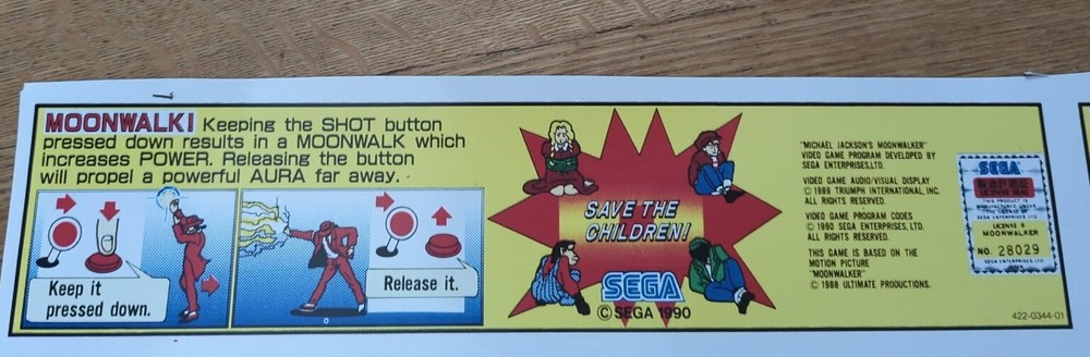 Moonwalker Arcade instruction decals vinal Sega