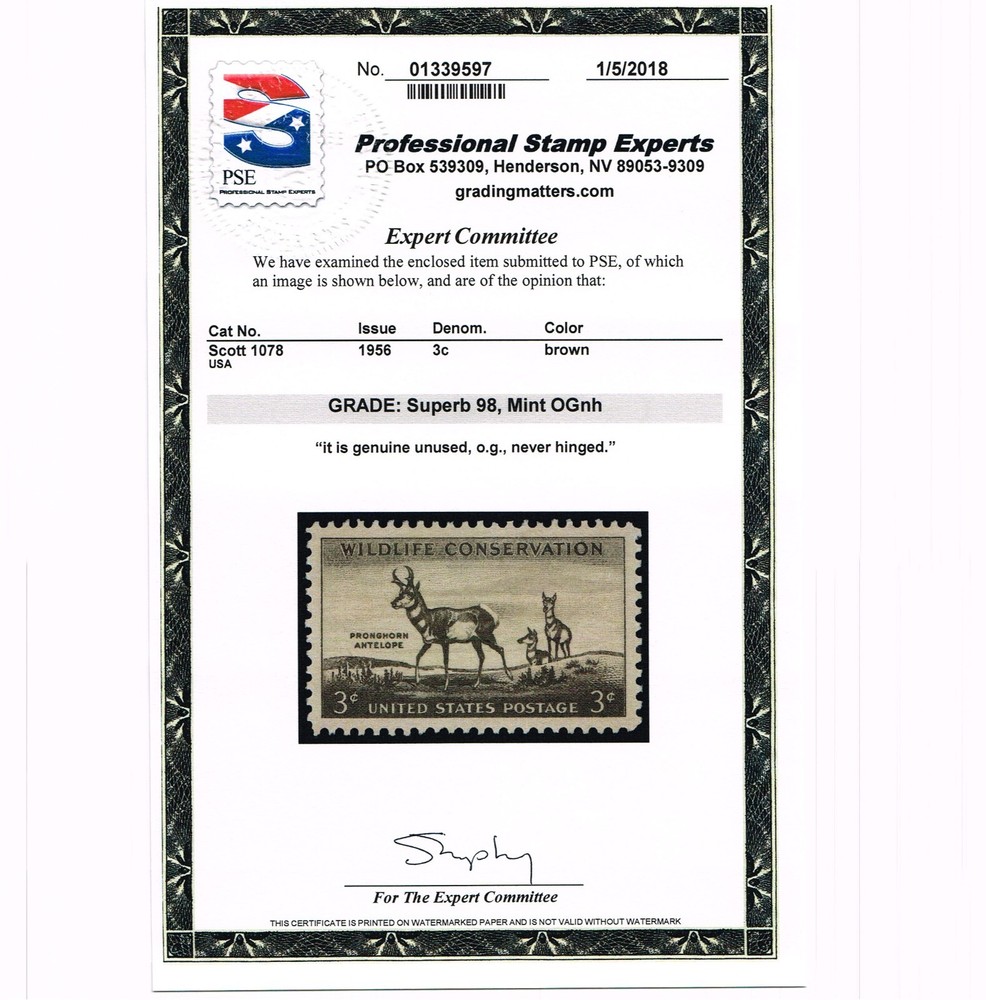 EXCEPTIONAL GENUINE SCOTT #1077 MINT PRISTINE OG NH PSE CERT GRADED SUPERB 98