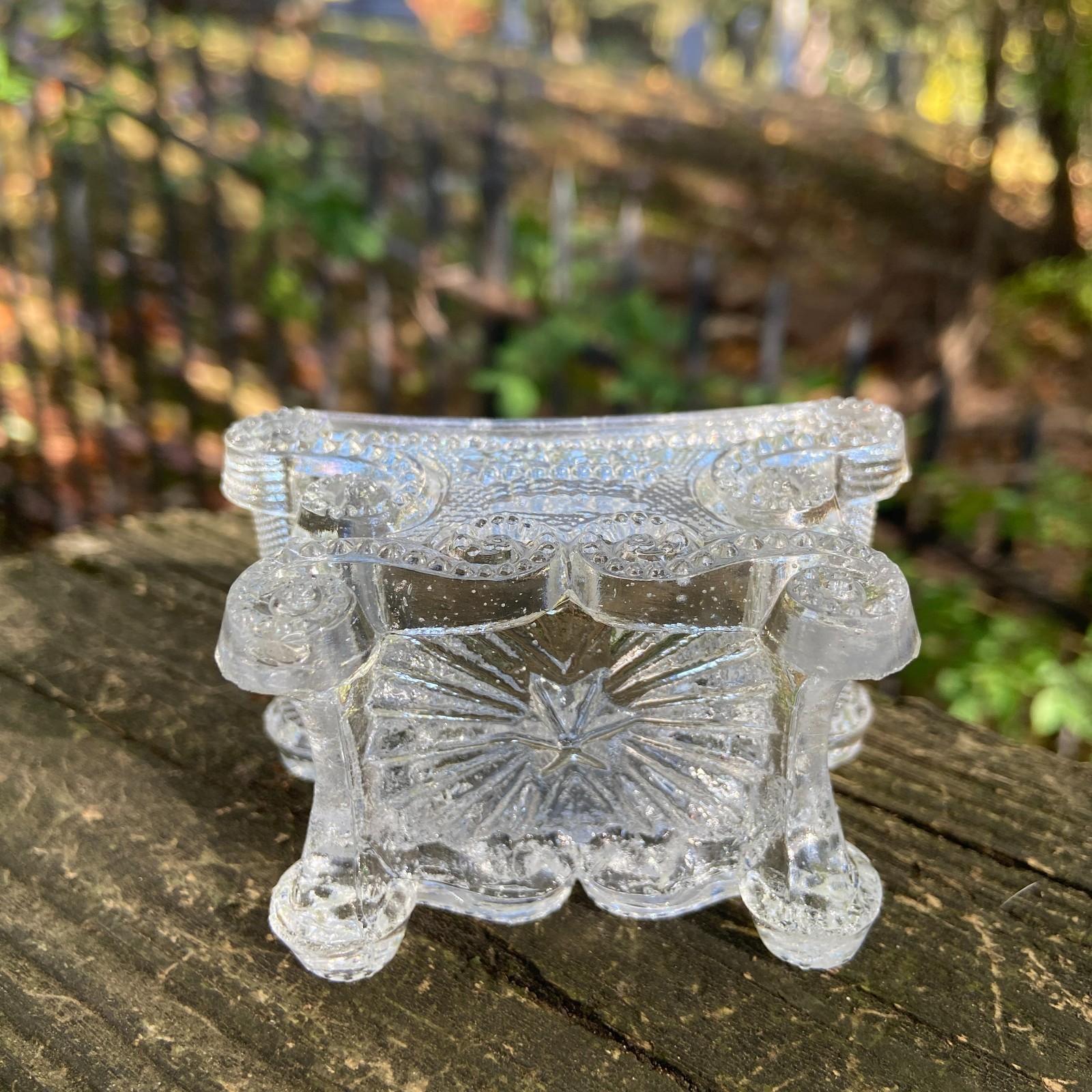 Antique 1830s Lacy Flint Glass Beaded Scroll + Basket of Flowers Open Salt BS-3A