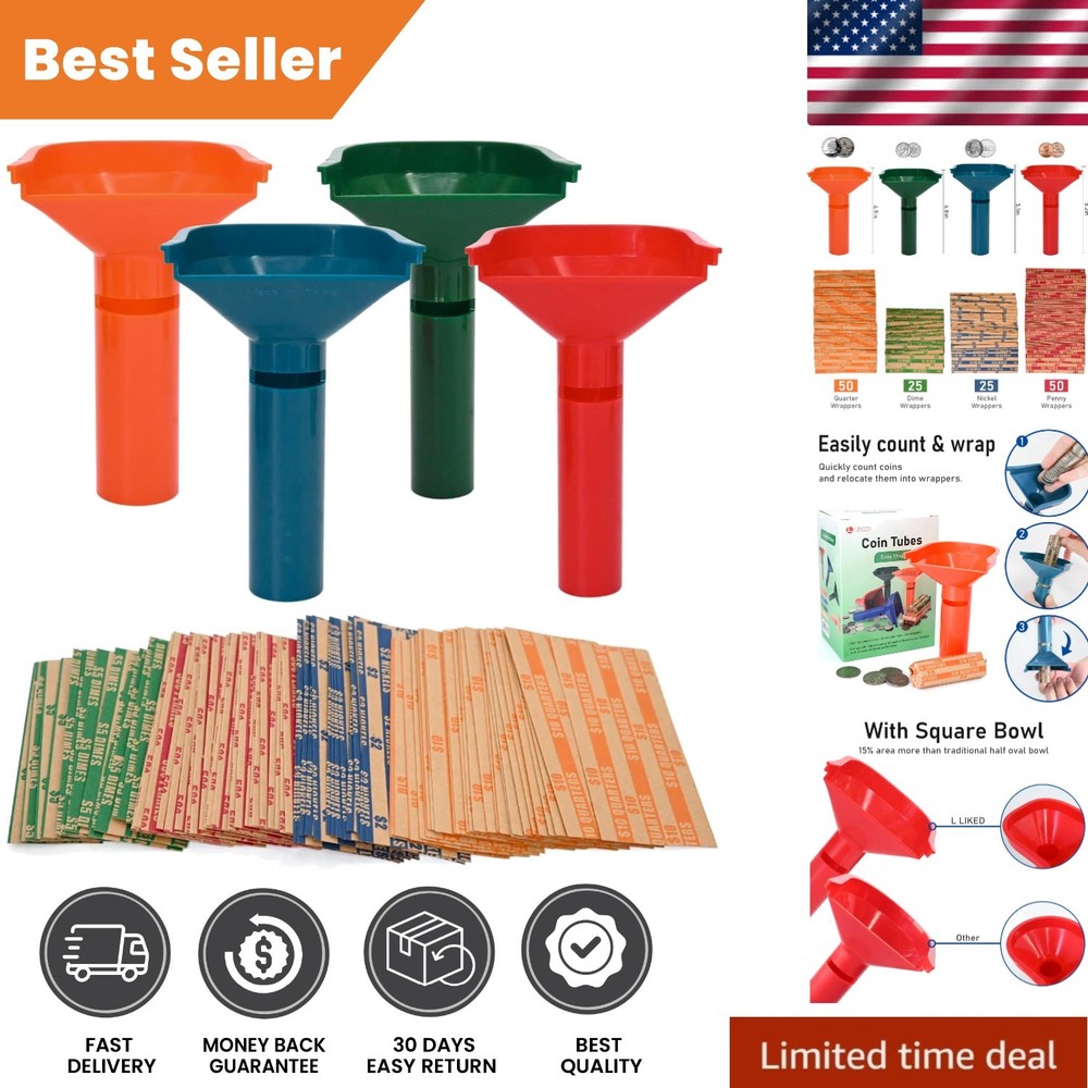 150 Flat Striped Coin Wrappers with 4 Color-Coded Sorting Tubes for Easy Loading