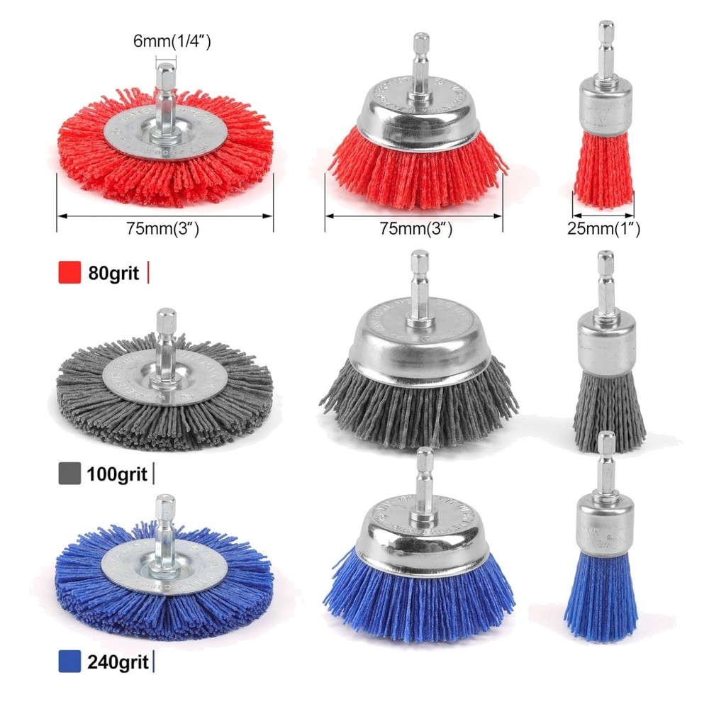 Abrasive Wire Brush Wheel & Cup Set - 1/4” Hex Shank, 9 Pack