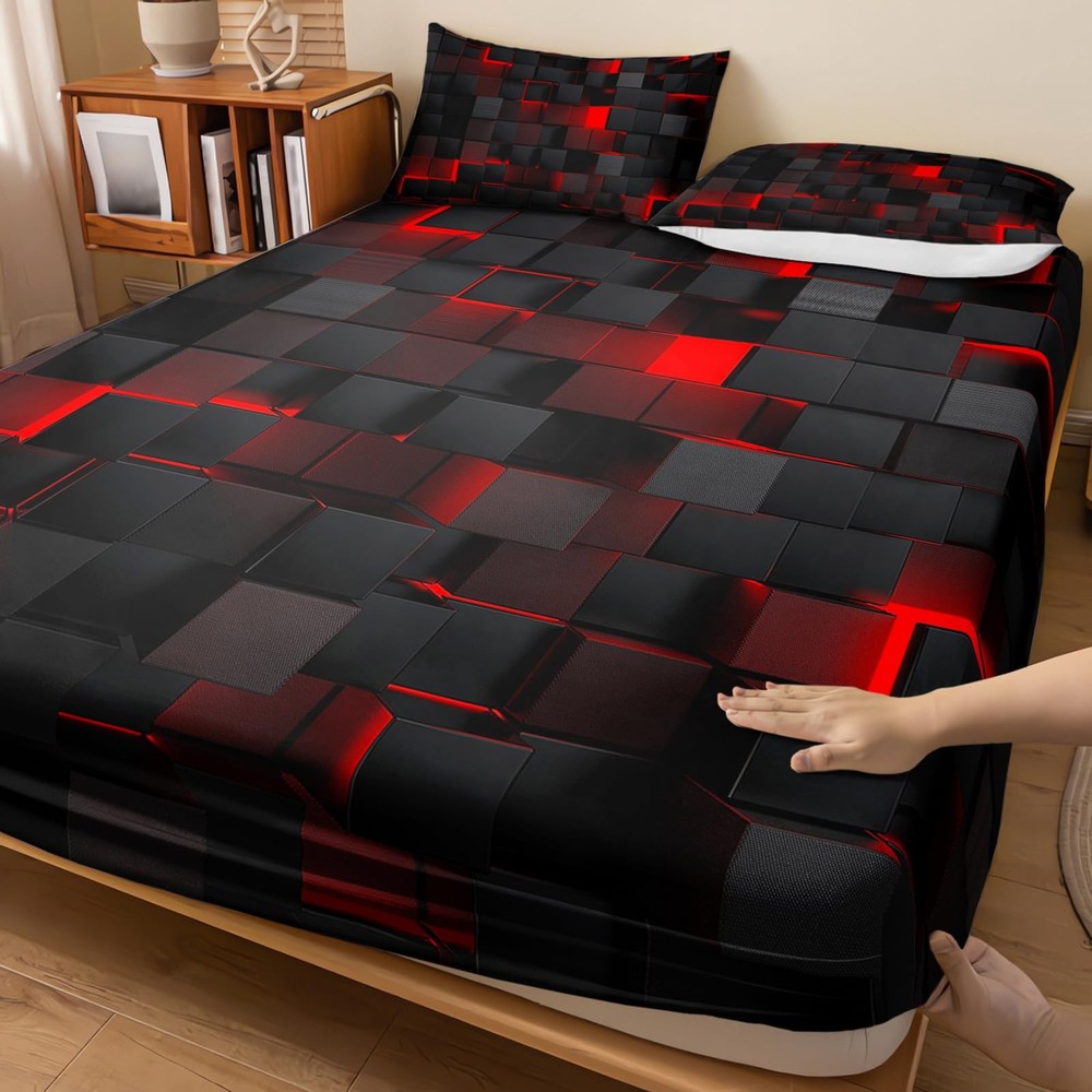 Soft Bedding Fitted Sheet Queen Size,Geometric Red Black Microfiber Fitted Sh...