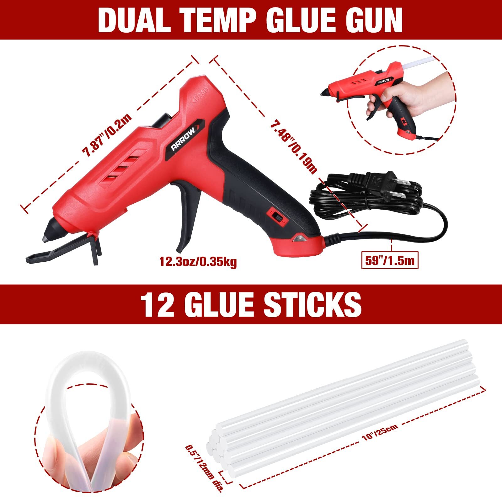 Arrow Heavy Duty Hot Glue Gun Kits w/12PC Glue Gun Sticks High/Low Temp Glue Gun