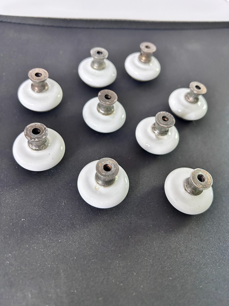 9 Vintage Mushroom White Porcelain Brass Drawer Cabinet Pulls Knobs