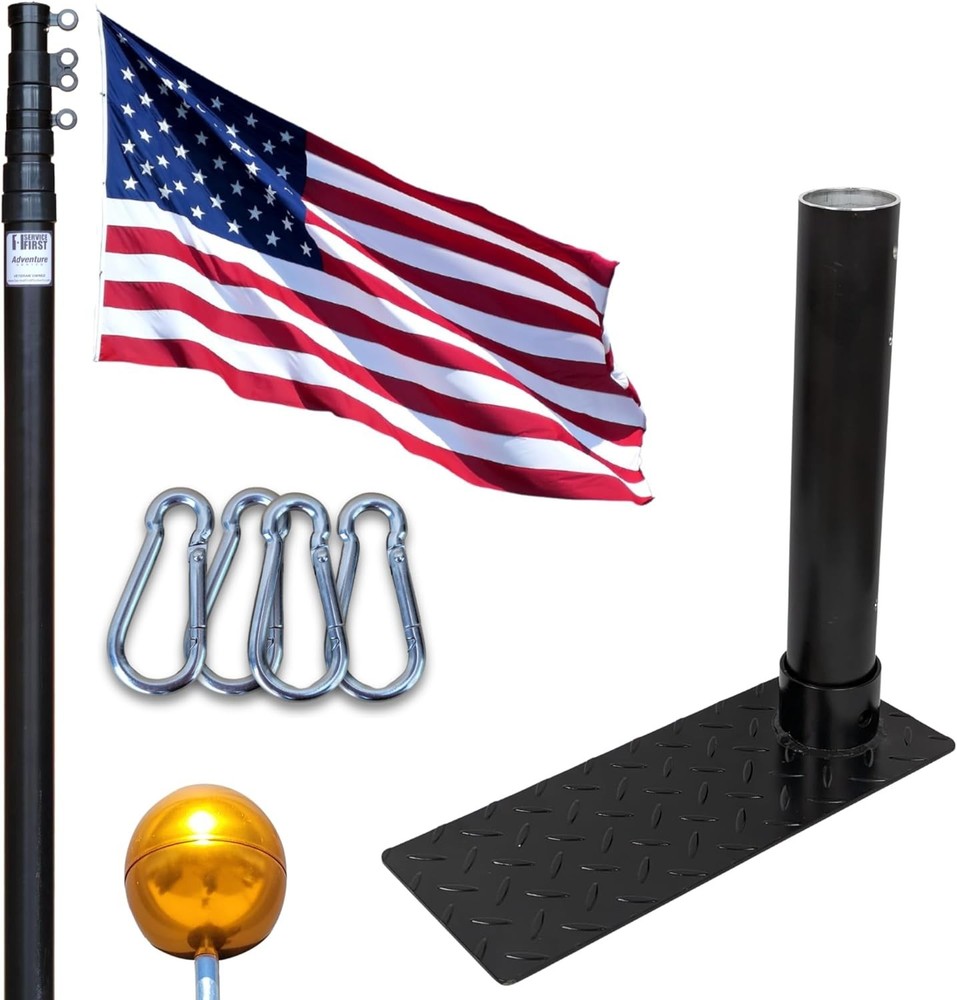 Black Complete Tailgate Flag Pole Package 20FT Black with Stainless Steel Tir...