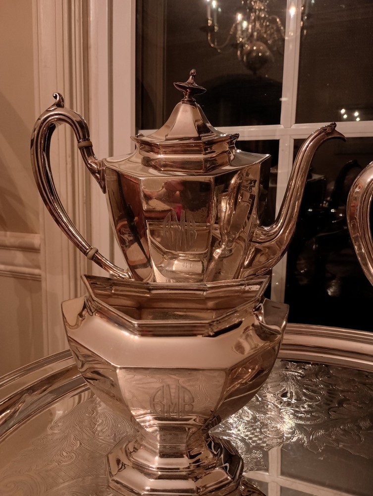 REED & BARTON "SIERRA" NEO CLASSICAL FULL COFFEE DECAF TEA SERVICE POT SET, 7pc