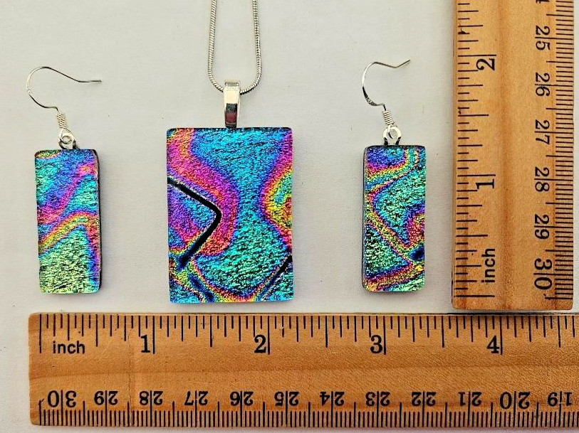 Handcrafted Fused Glass Colorful Dichroic Glass Pendant and Earring Set/New