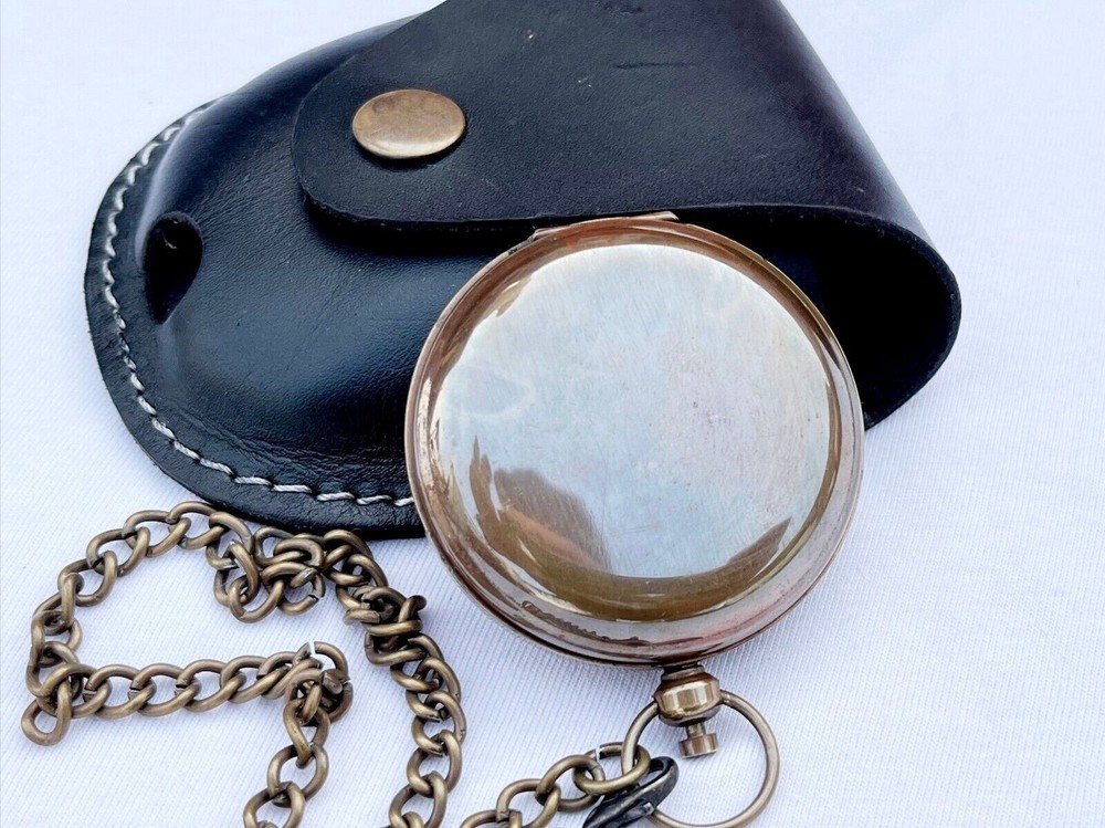 Antique Push Button Compass Brass Pocket Camping Compass With Leather Box