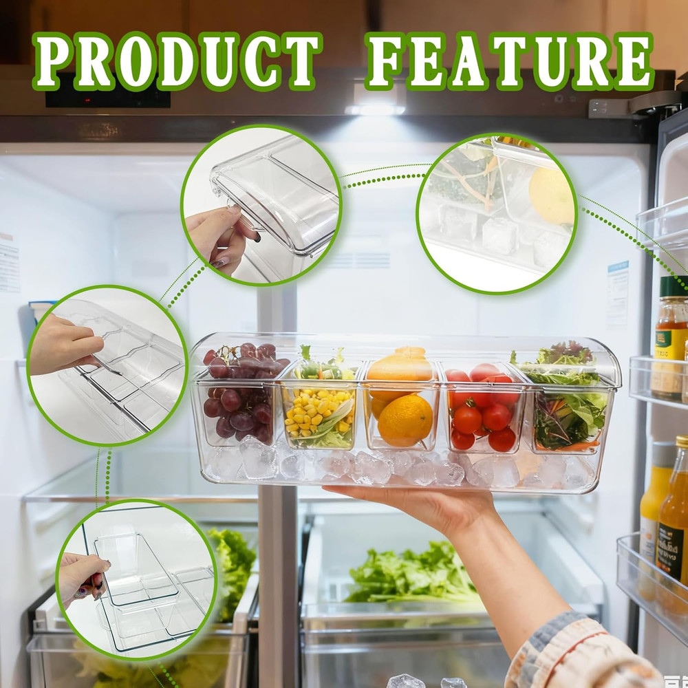 Ice Chilled Condiment Server, 5 Removable Compartments Condiment Containers with