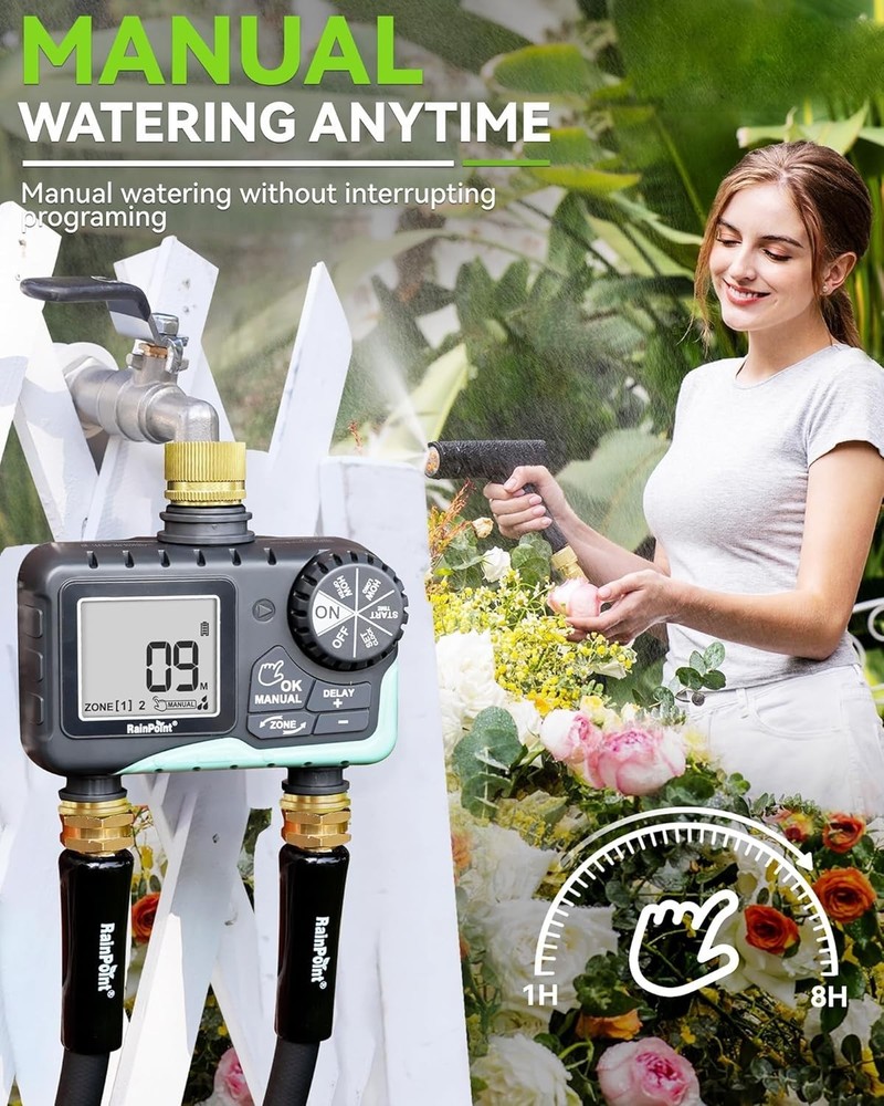 Brass 2 Zone Sprinkler Timer Water Timer with Rain Delay Manual Watering