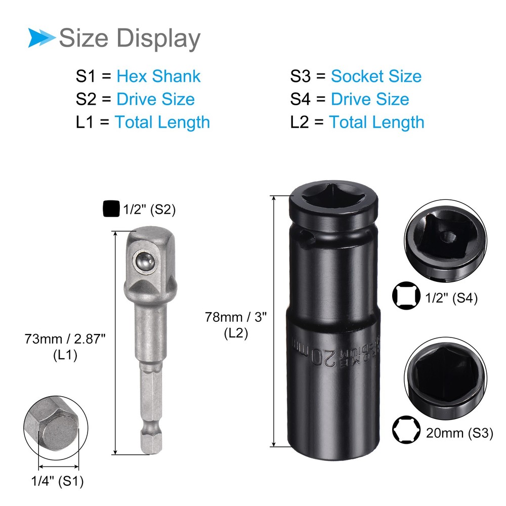 Deep Socket Set 20mm 1/2" Drive 6-Point Socket CR-V with 1/4" Hex Shaft