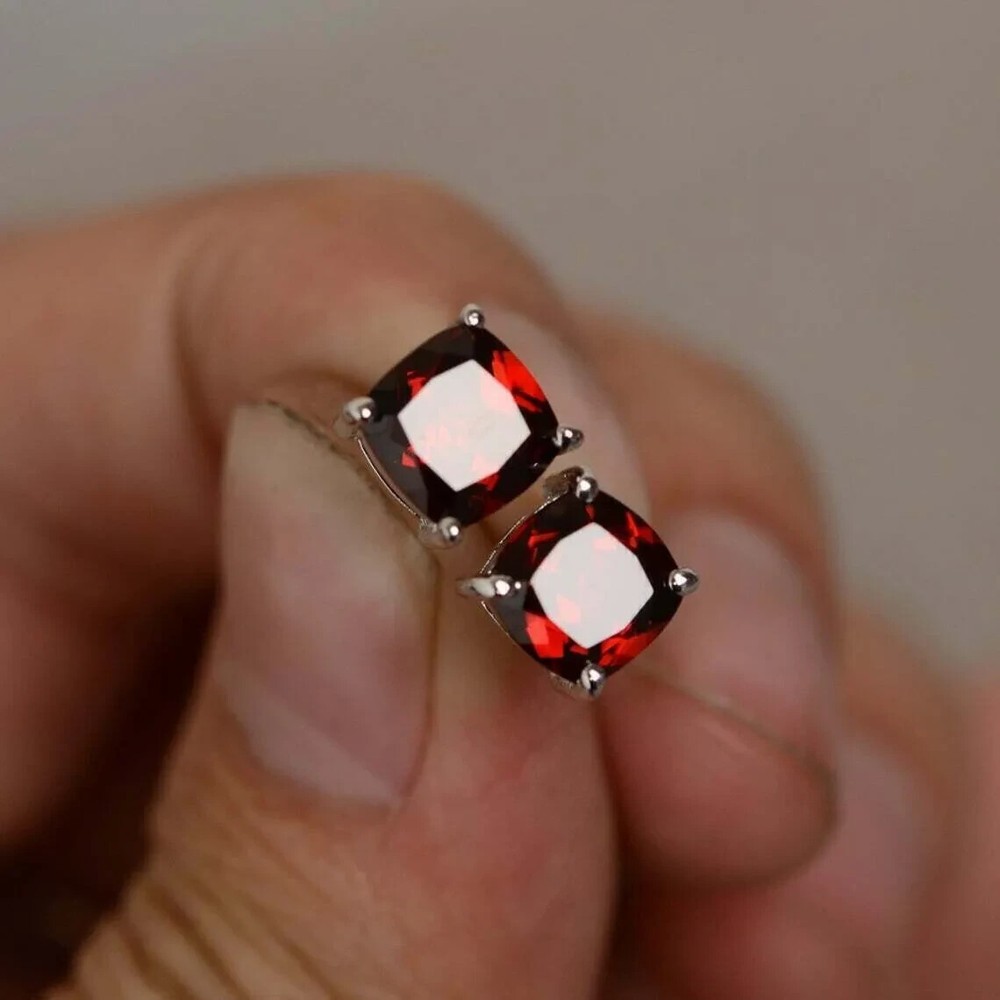 2Ct Lab-Created Red Ruby Women's Stud Earrings 14K White Gold Plated Silver