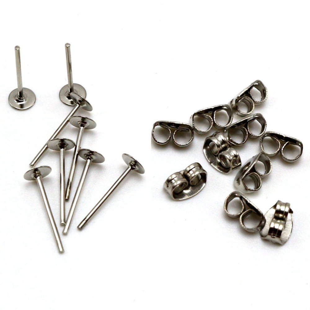 200pcs Silver Tone 4mm Flat Blank Pad Earring Ear Post Stud with Stopper Finding