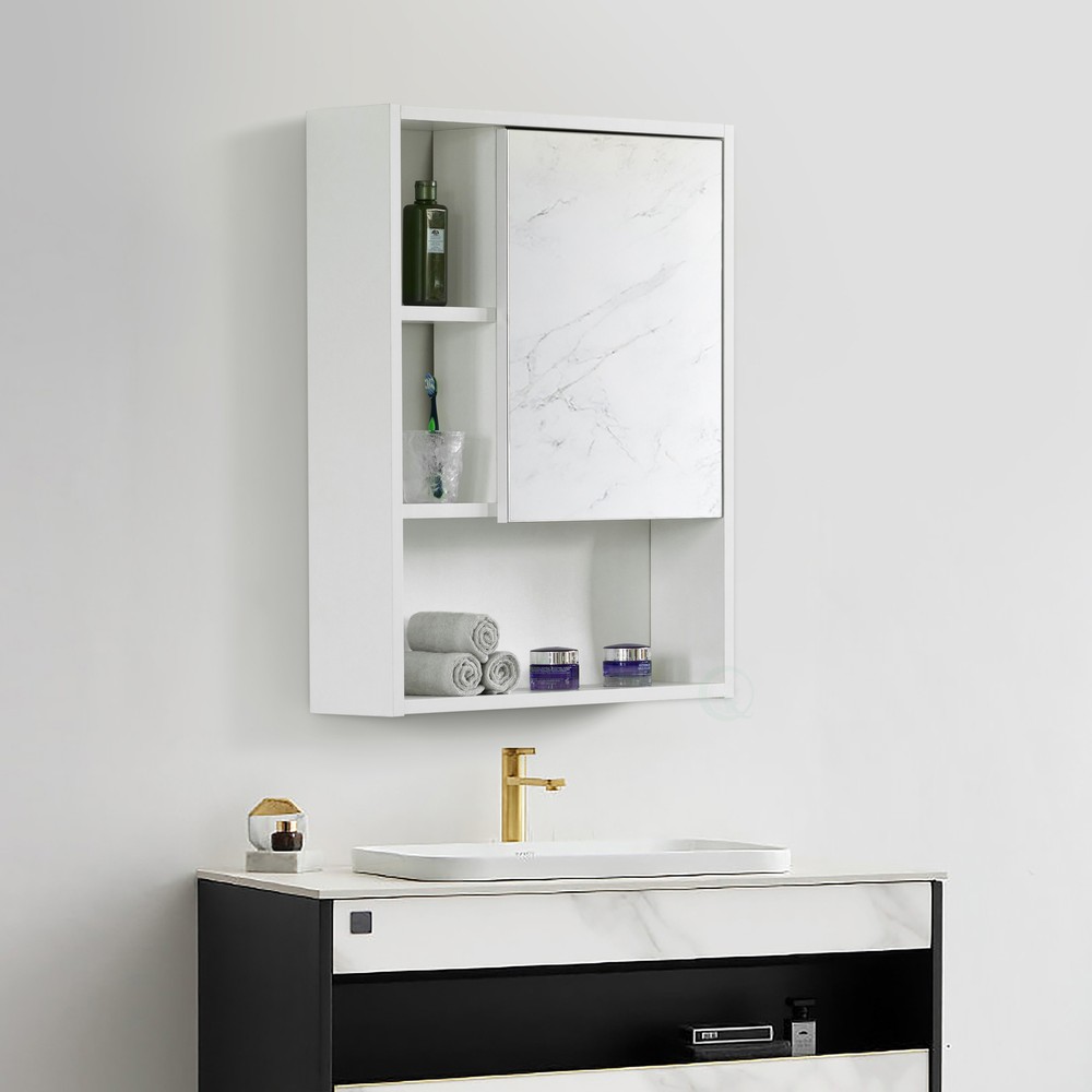 Wall Mount Bathroom Mirrored Storage Cabinet with Open Shelf | 2 Adjustable She
