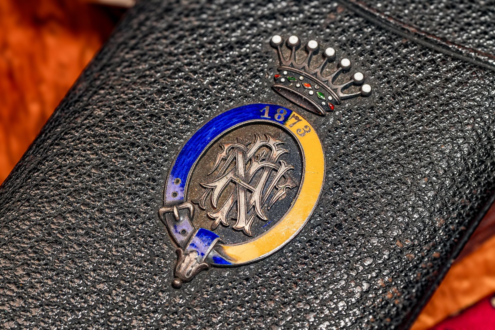 Austrian Antique Victorian Leather Cigar Case Silver Enamel Armorial Tobacciana