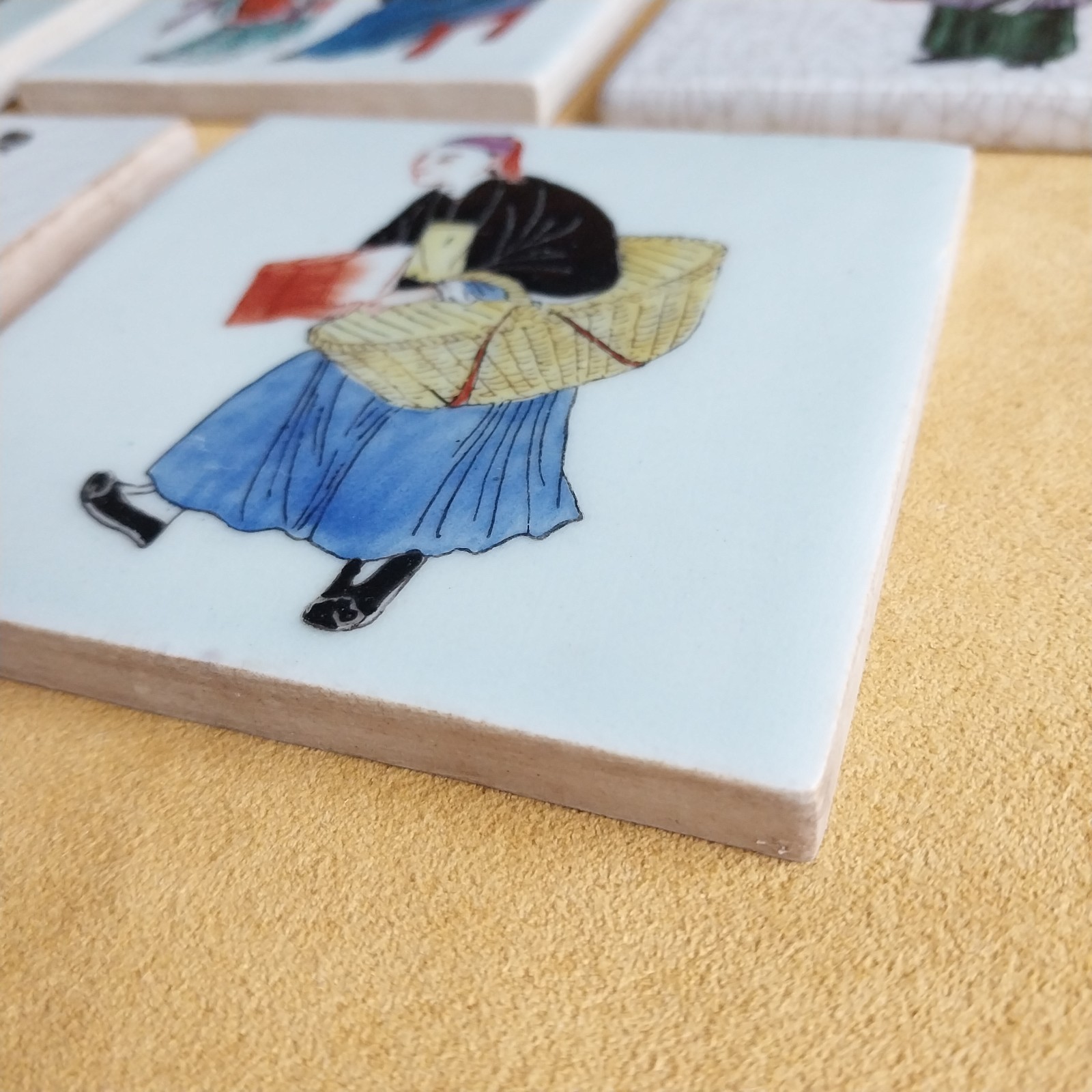 Grouping of Chinese Polychrome Porcelain Figurative Tiles 3 3/4"