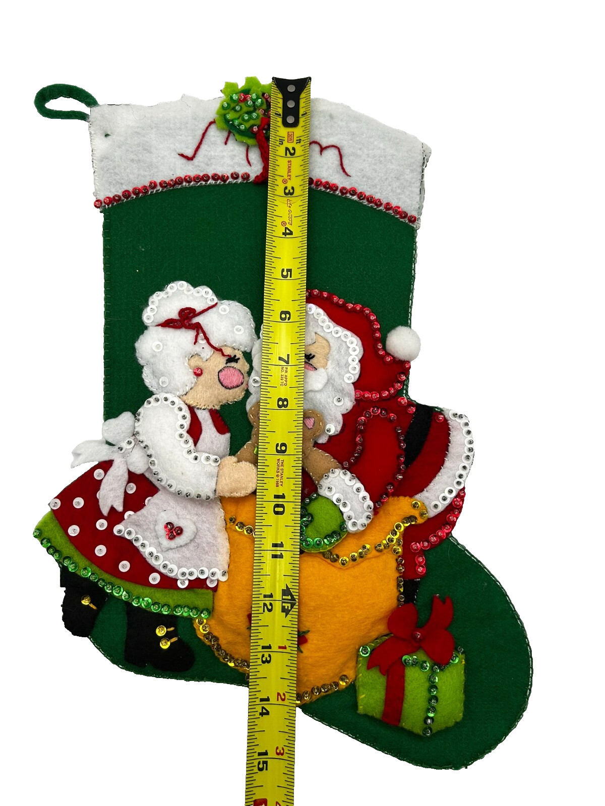 Handmade Completed Bucilla Felt Applique Christmas Stocking MOM Mr. & Mrs. Claus