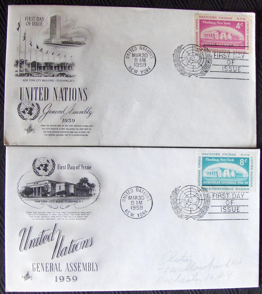 2 different FDC UNITED NATIONS - GENERAL ASSEMBLY, New York 1959.
