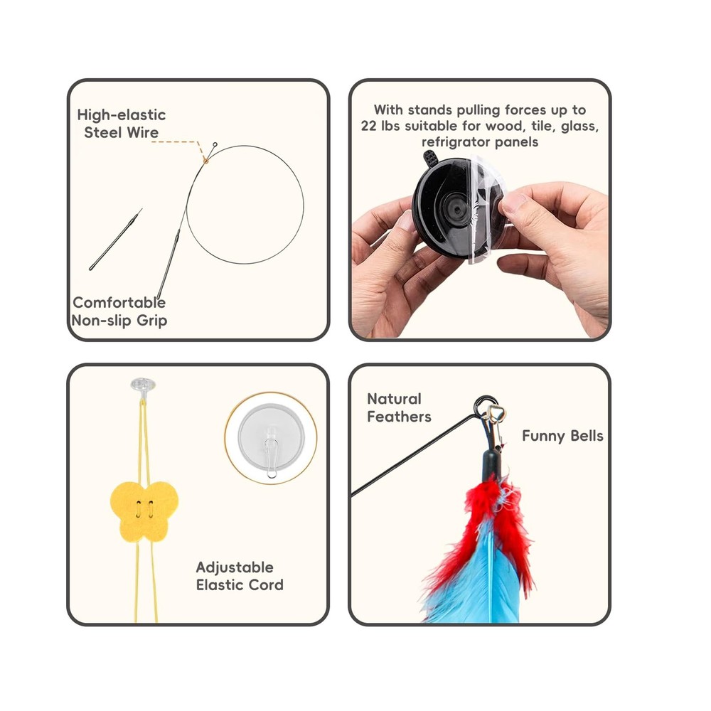 4-in-1 Interactive Cat Toys Set - Feather, String,Suction Cup Cat Toy Stick &...