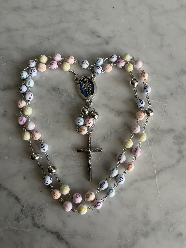 Handmade Guardian Angel White Acrylic/Multicolored Crosses Rosary