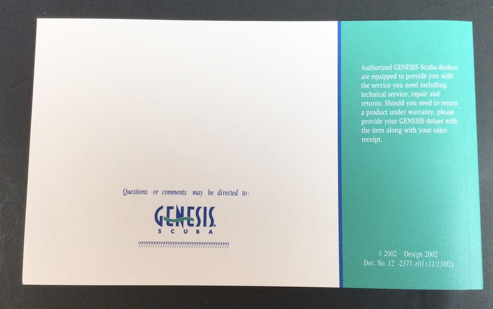 MANUAL ONLY For Genesis React Pro Console Rev 2D Unused SCUBA Diving EXC COND
