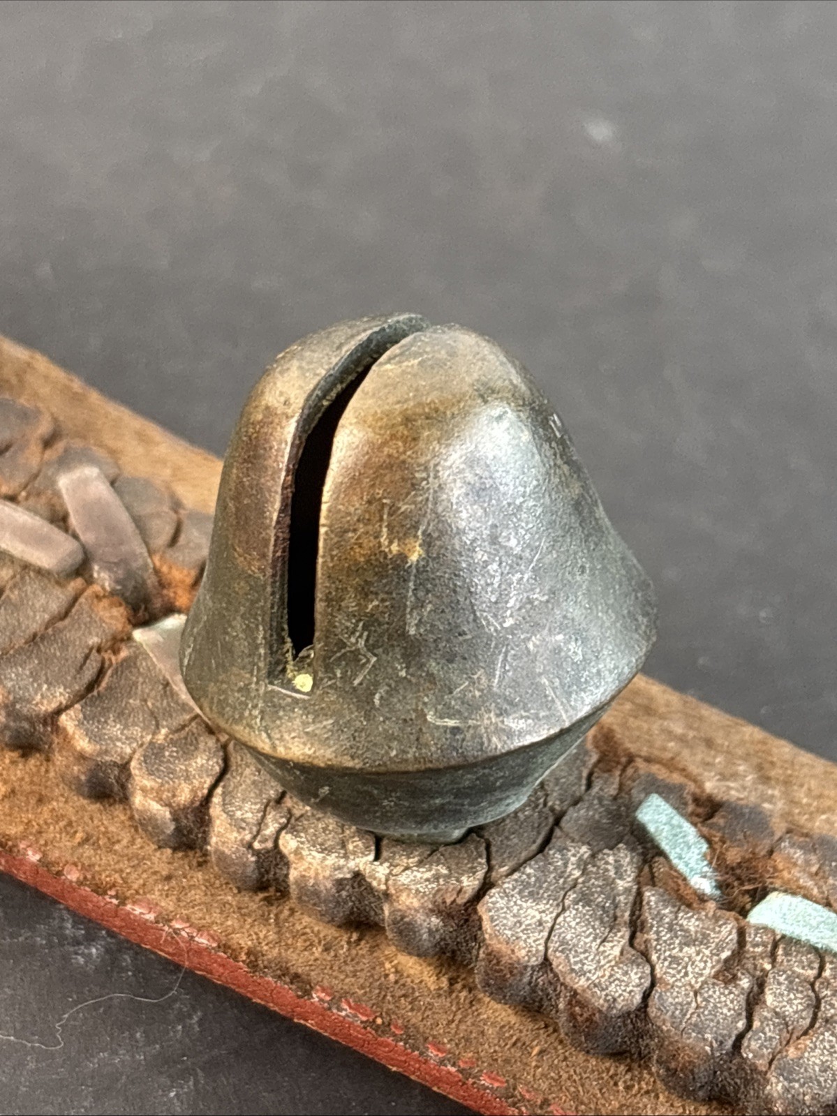 Antique 11 Brass Acorn Sleigh Bells on 41" Leather Strap w/ Copper Rivets VIDEO