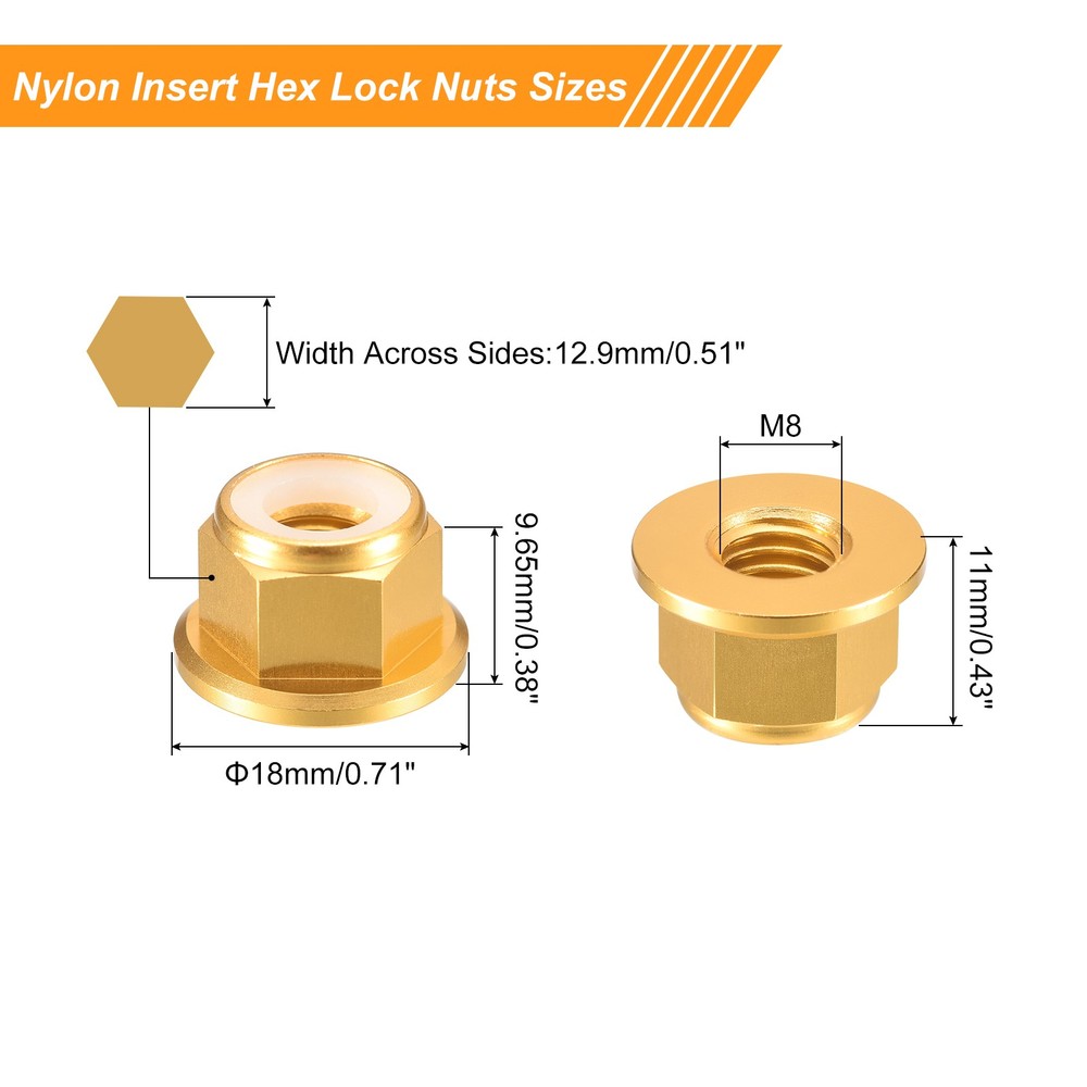 Nylon Insert Hex Lock Nuts, 10pcs - M8x1.25mm Self-Locking Nut(Gold)