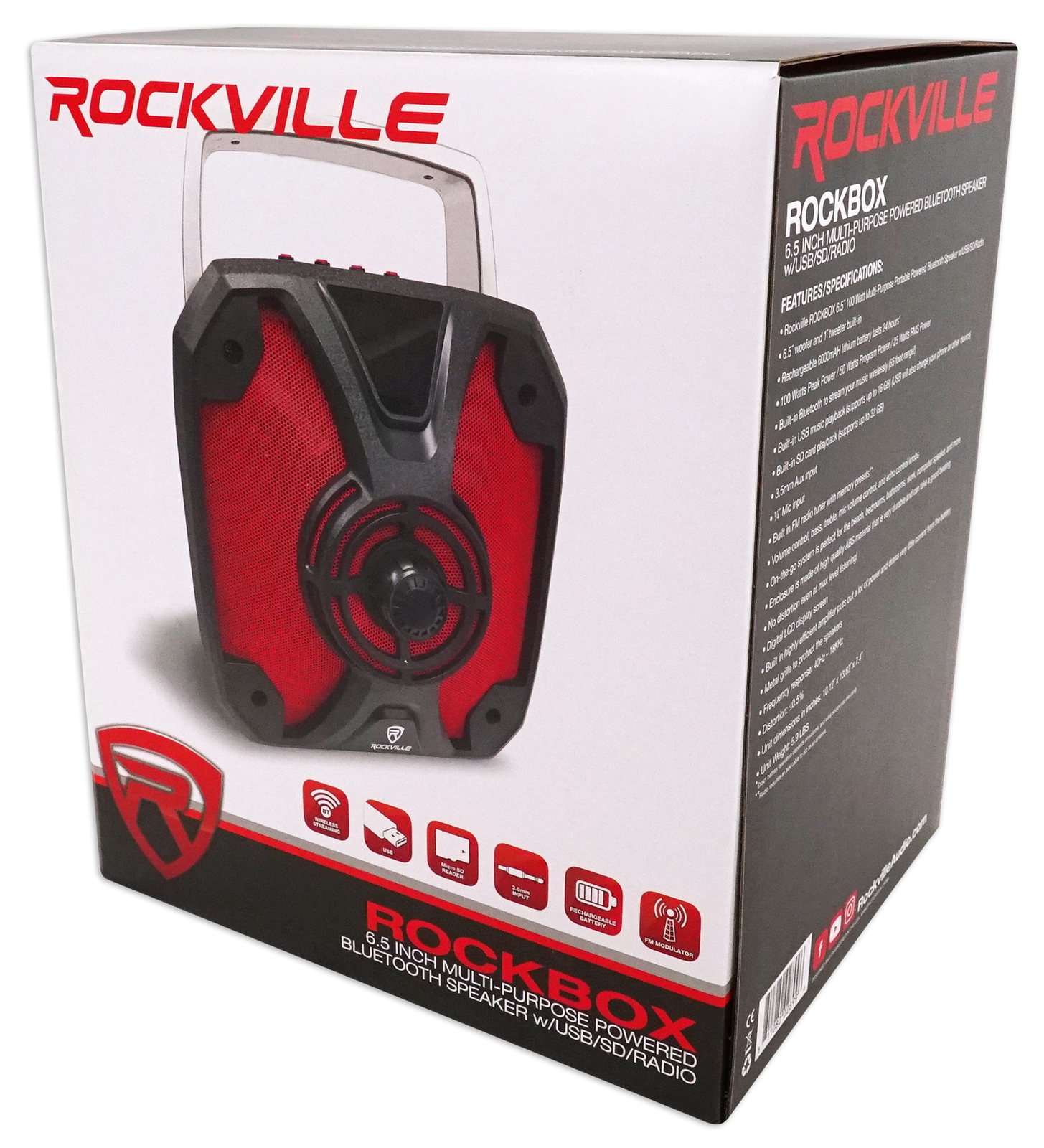 Rockville ROCKBOX 6.5" 100 Watt Portable Rechargeable Bluetooth Speaker w USB/SD