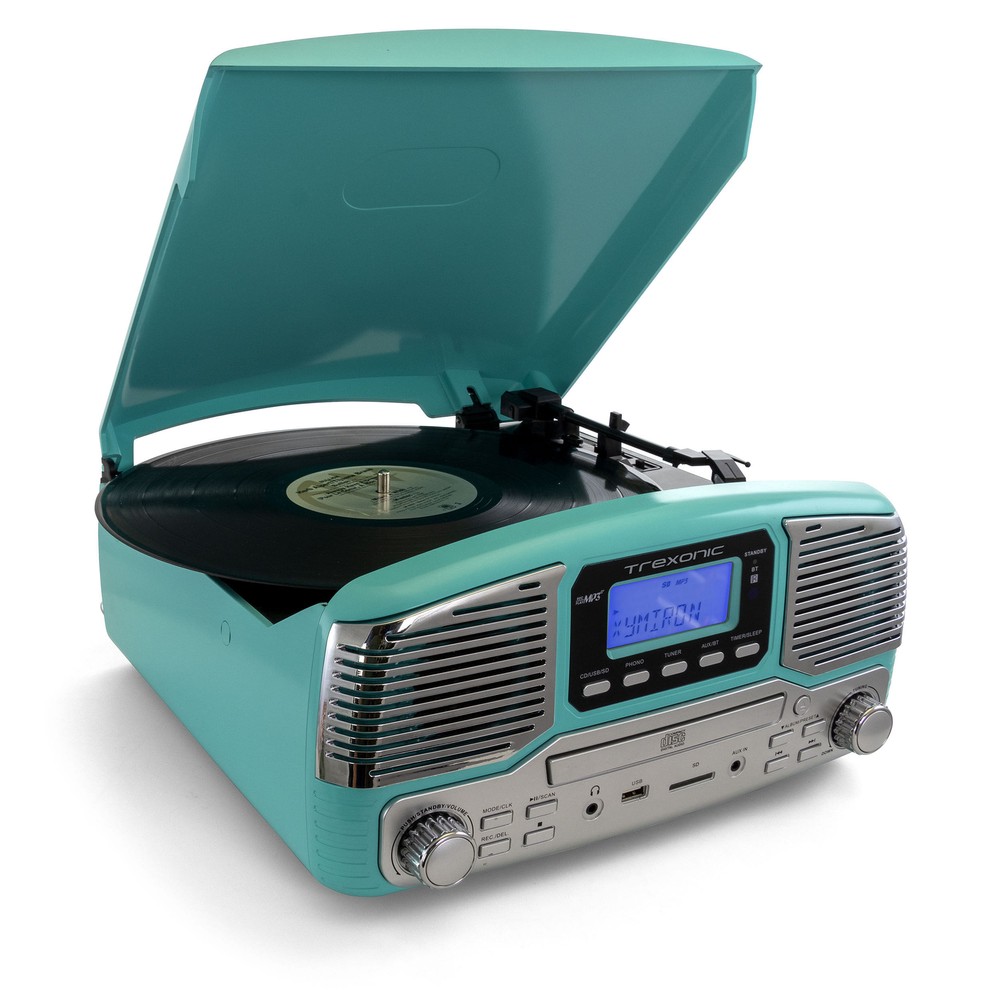 New Turquoise Trexonic Retro Wireless Bluetooth Record Turntable Cd Player Fast!