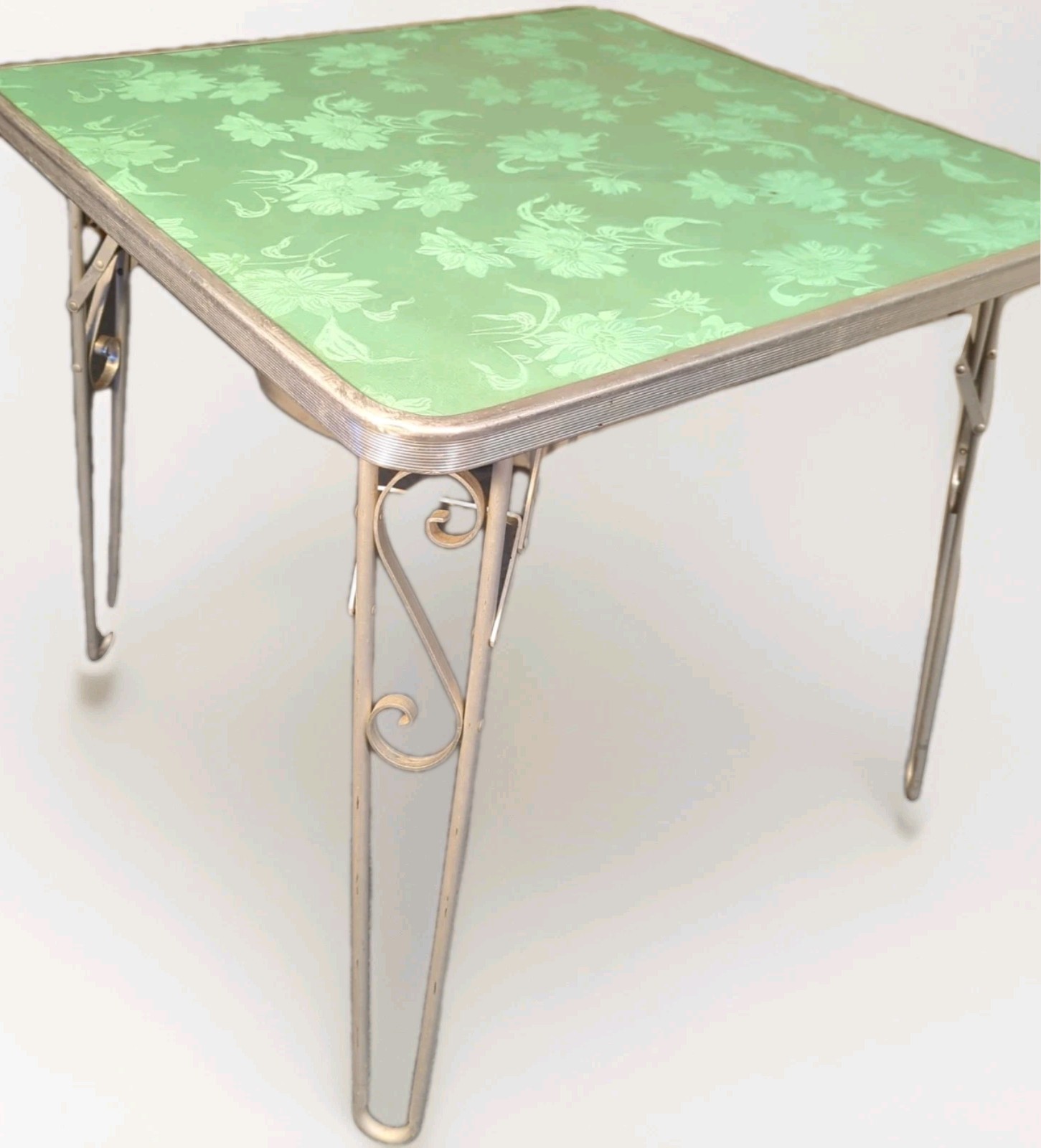 Vtg Retro Card Table Aluminum  Green Portable 60s Scroll Legs MCM Mid Century