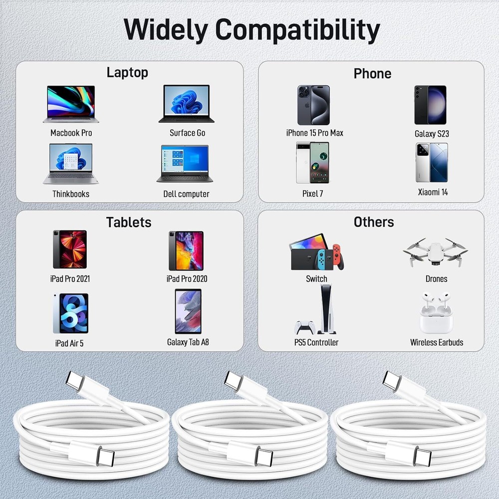 USB-C to USB-C Cable 6ft 3-Pack, White