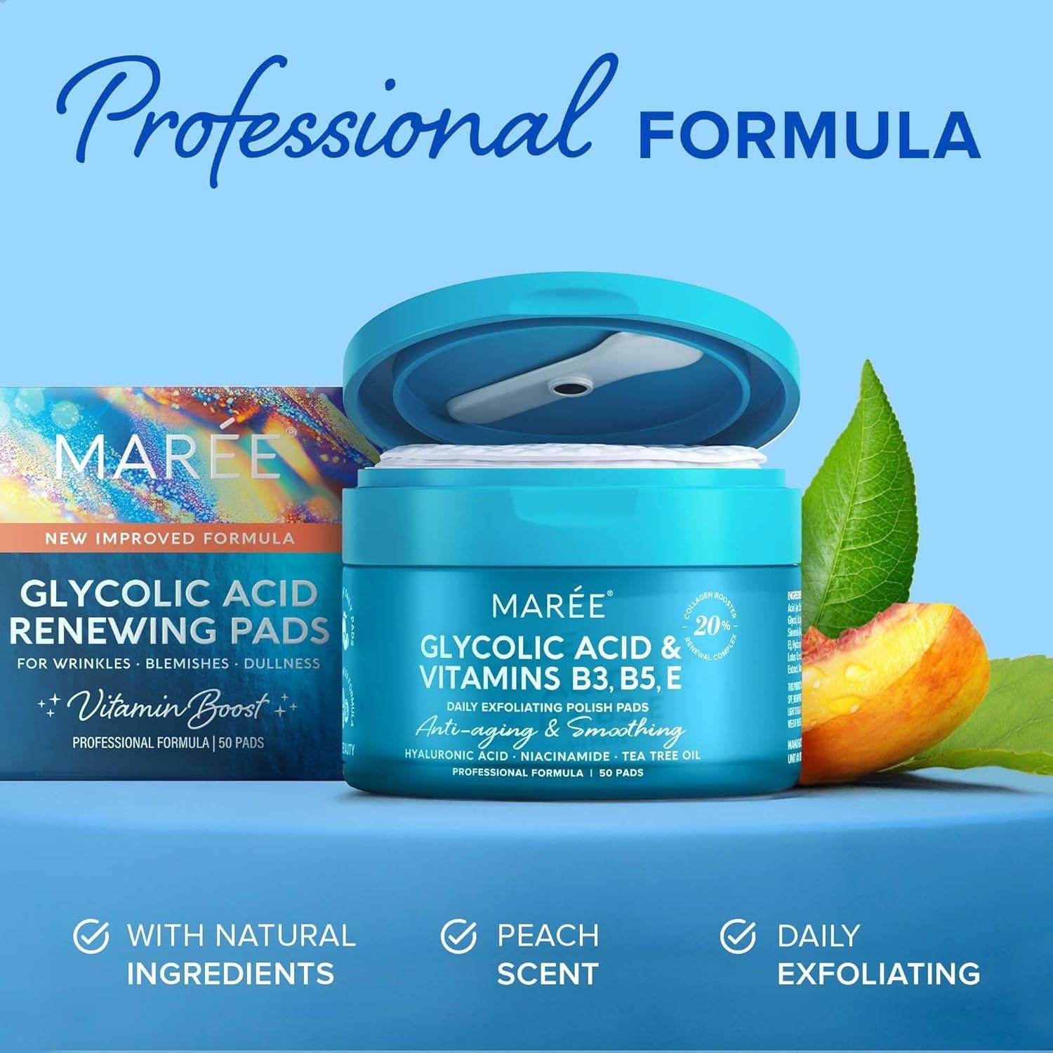 MAREE Glycolic Acid Pads with Tea Tree Oil, B3, B5 Toner Pads for Face Cleansing