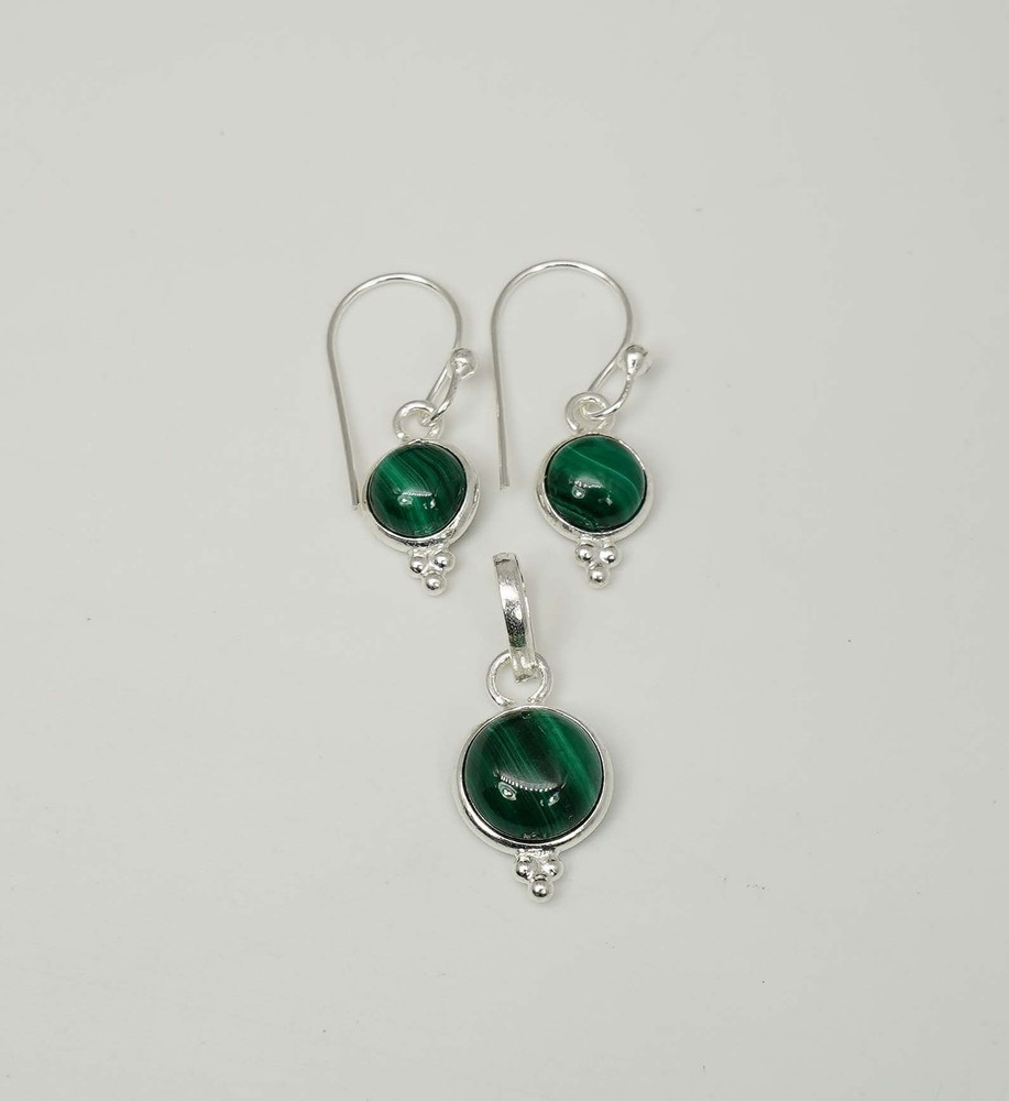 925 Solid Sterling Silver Green Malachite Hook Earring Pendant Set