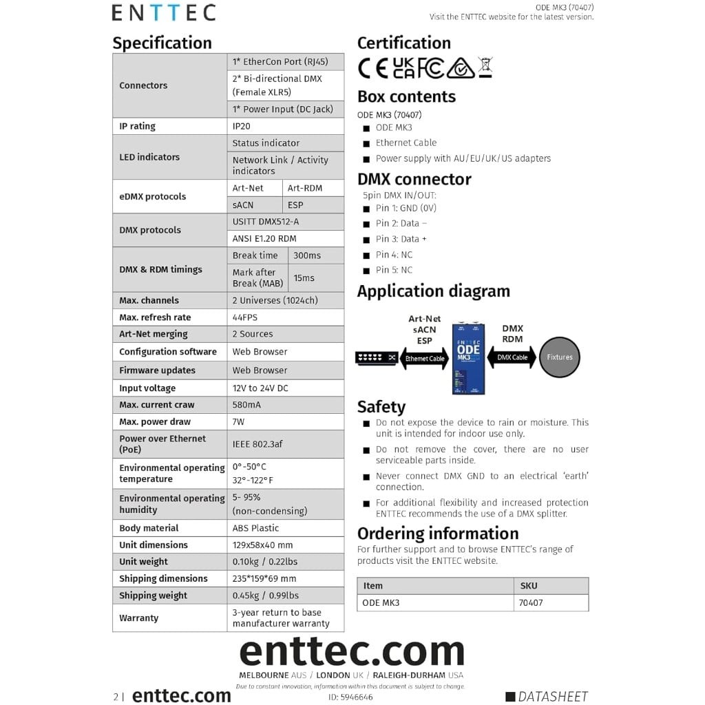 ENTTEC ODE Mk3 70407 POE 2 Universe DMX / RDM Ethernet Controller (Open Box)