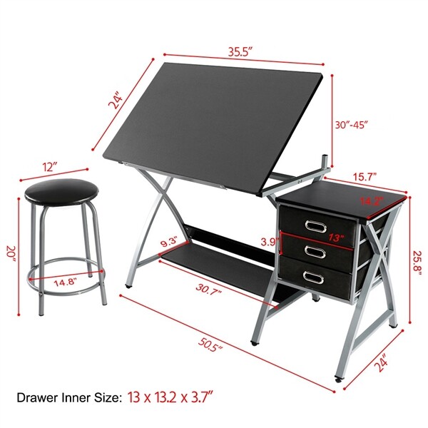 Adjustable Drafting Table Artist Desk Art Craft Drawing Desk w/ Storage & Stool