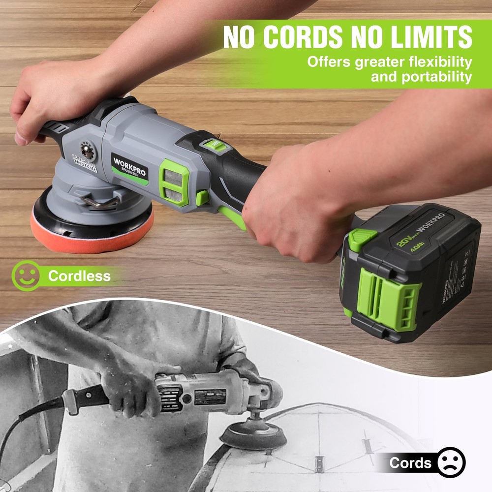WORKPRO 5" Cordless Car Buffer Polisher, 20V Professional Brushless Green