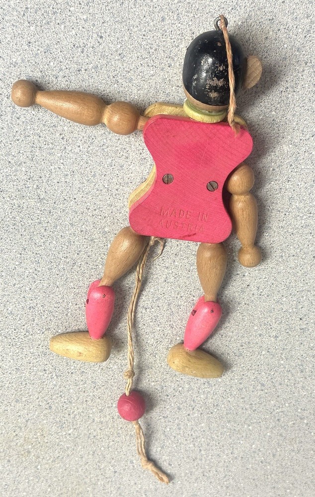 Wooden Monkey Pull String Puppet/Jumping Jack Vintage Toy Made In Austria