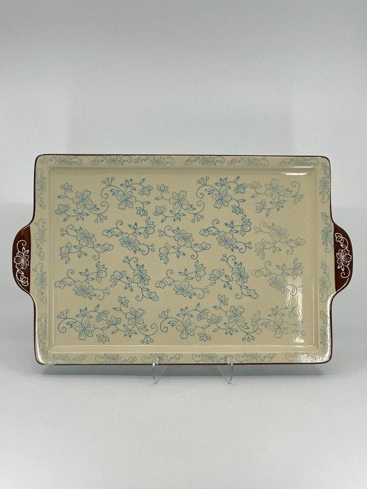 Temptations by Tara Blue Floral Lace Rectangular Serving Tray Platter 15.5"L