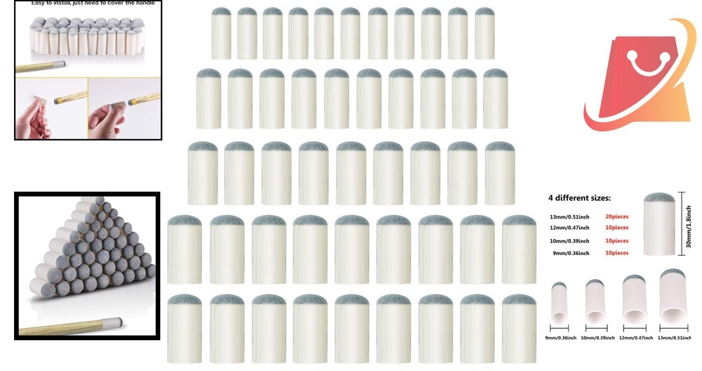 Pool Cue Tips Slip-On 50 Pieces 4 Sizes Leather Plastic Replacement Billiard