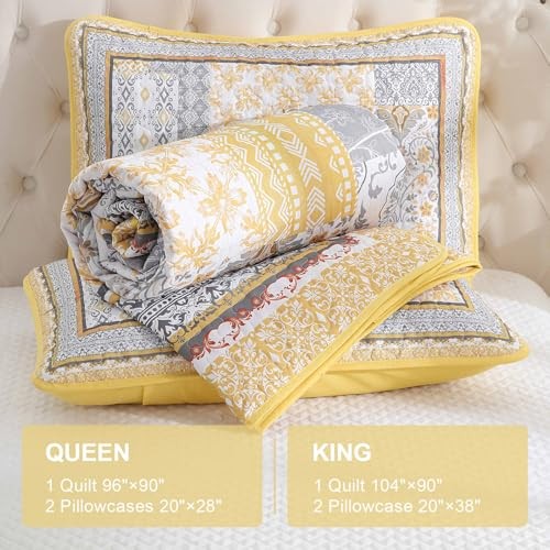Quilt Set,Bohemian Patchwork Bedspread Coverlet Set, Reversible Queen Yellow