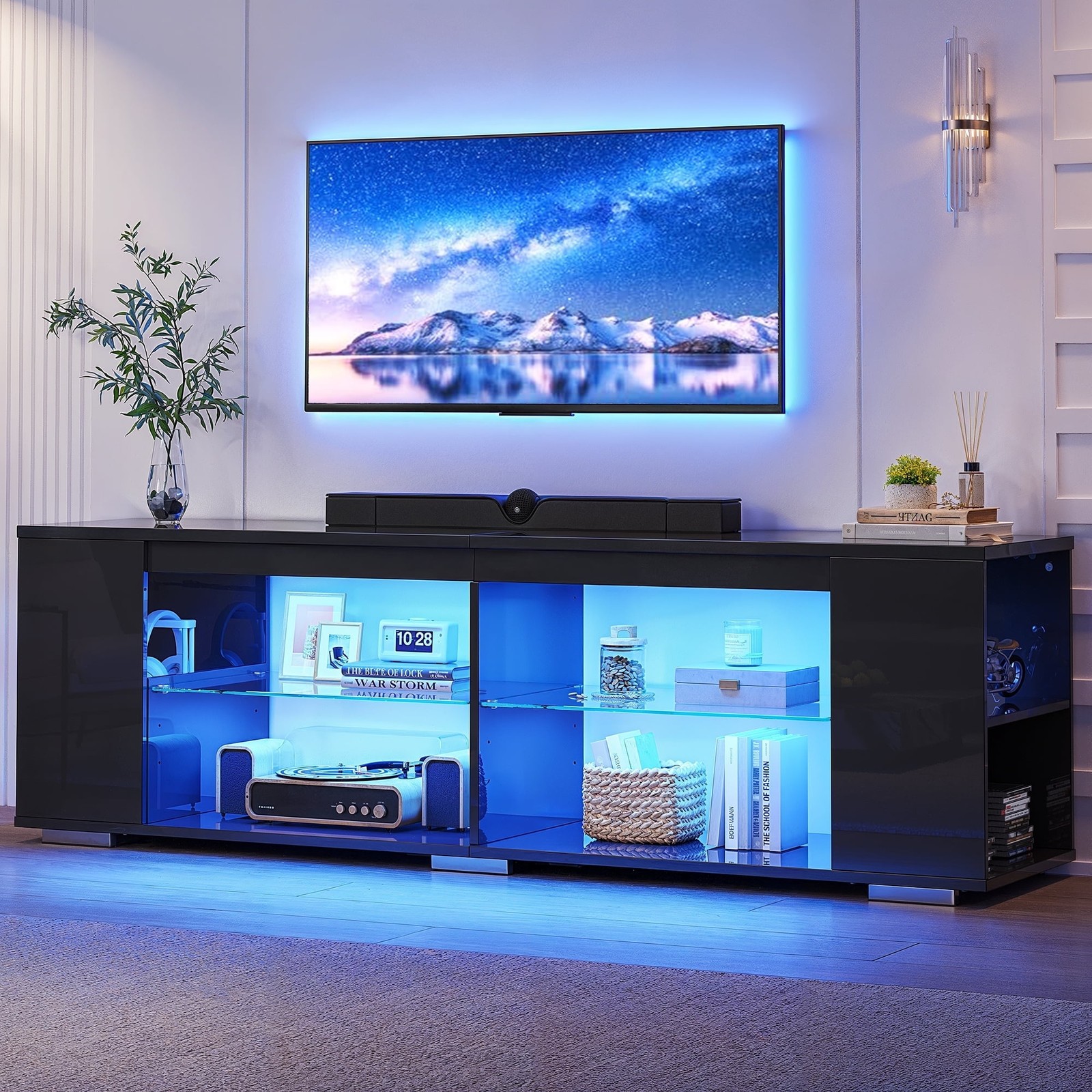 LED TV Stand for TVs up to 80" Gaming Entertainment Center w/ Shelves Black