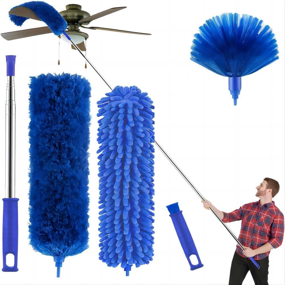 Cobweb Duster with Extension Pole, Washable Cleaning Duster Kit with 3 Duster He